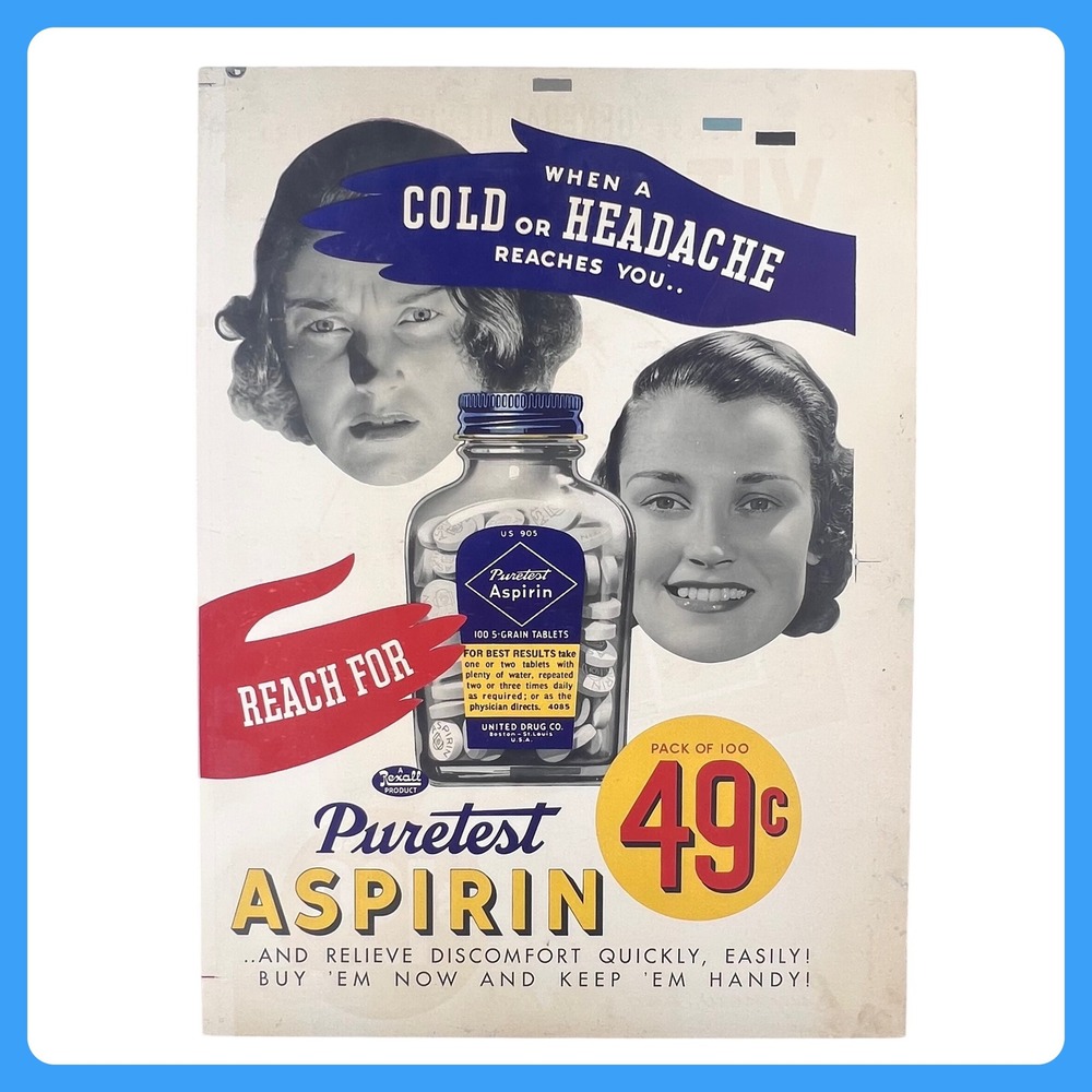 1930s Rexall United Drugs Aspirin Vintage Advertising‎ Sign • HUGE 30" Cardboard